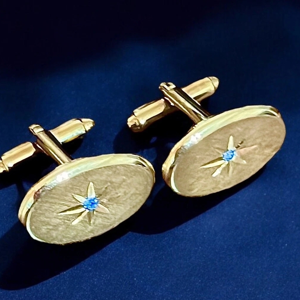 Mens Vintage  Gold Tone Starburst Cufflinks with Blue Rhinestones